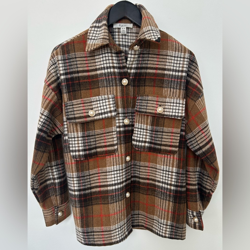 Plaid Shacket Jacket Women’s XS Brown Red Black Button Front Shirt Jacket